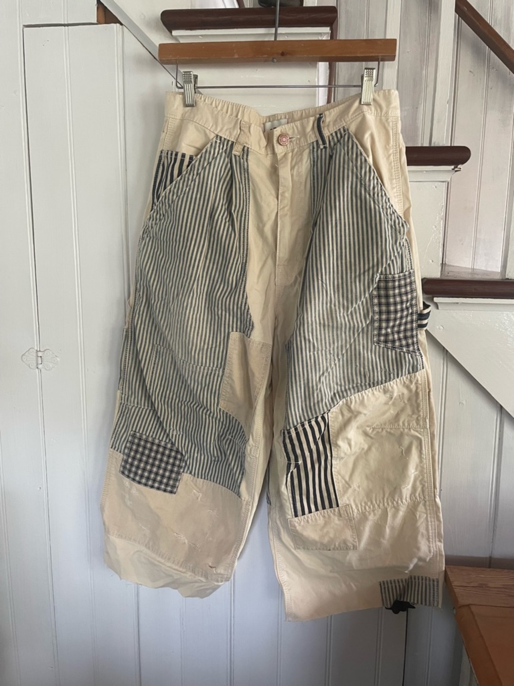 Patchwork Cargo Pants in Cream with Striped Accents